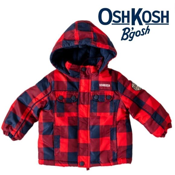 𝅺oshkosh B'gosh 18M Navy Blue and Red Flannel Fleece Lined Winter Jacket - Picture 1 of 17